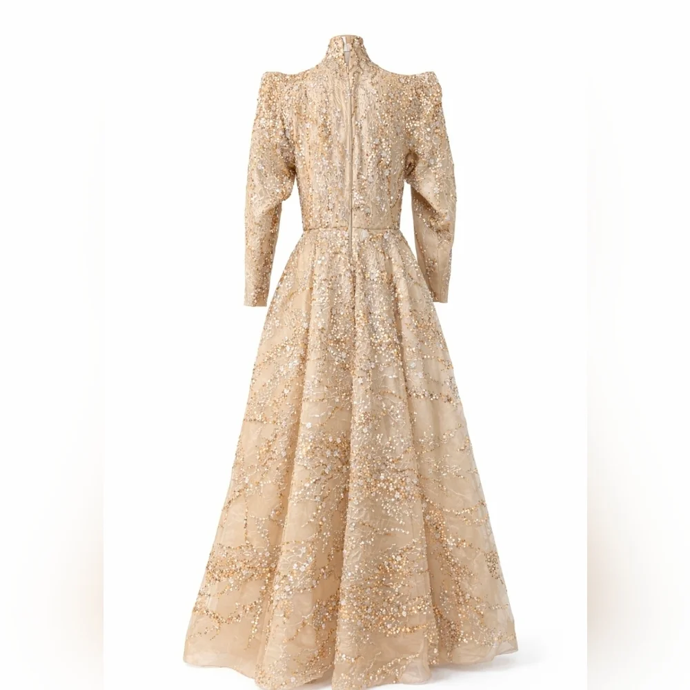 Tony Ward Couture Champagne Beaded Gown Formal Evening Dress Size L MSRP $10,000 - Picture 4 of 16